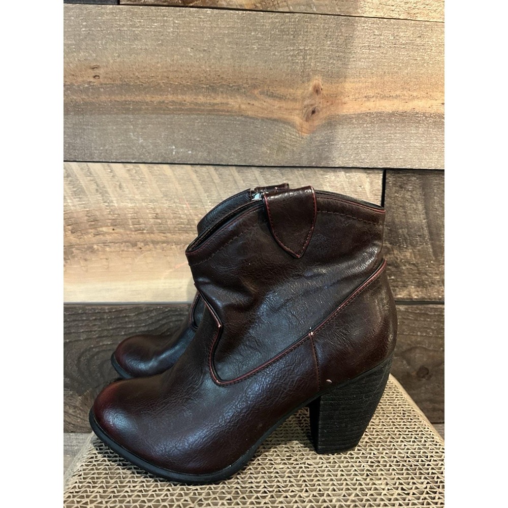 Not Rated Ankle Booties Brown Faux Leather Chunky Heel Women Sz 6 Distressed